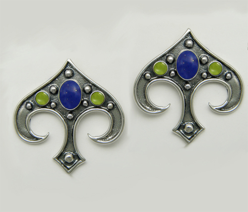 Sterling Silver Gothic Inspired Drop Dangle Earrings With Lapis Lazuli And Peridot Sterling Silver Gothic Inspired Drop Dangle Earrings With Lapis Lazuli And Peridot
